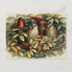 Postal Ilustración de la naturaleza de hadas y búhos