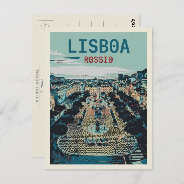 Postal Ilustracion de la Plaza Charm Rossio en Lisboa (Anverso / Reverso)