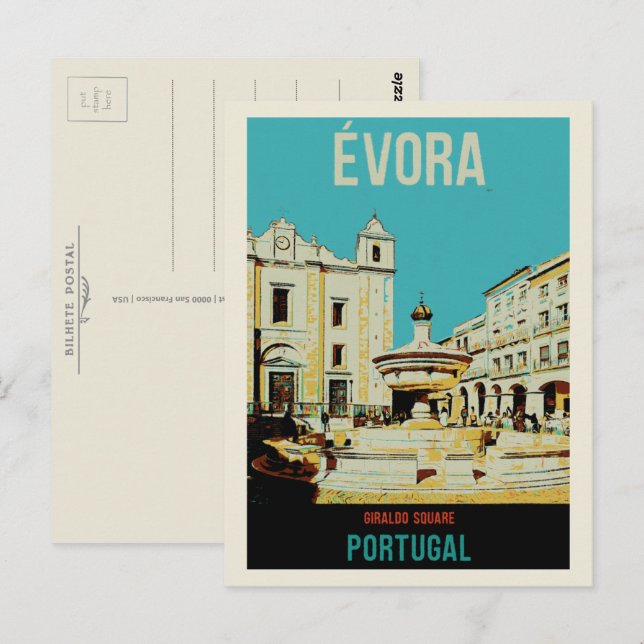 Postal Ilustracion de la plaza Evora Giraldo Portugal (Anverso / Reverso)