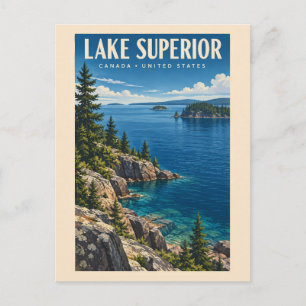 Postal Ilustración de Lake Superior Arte de viaje vintage