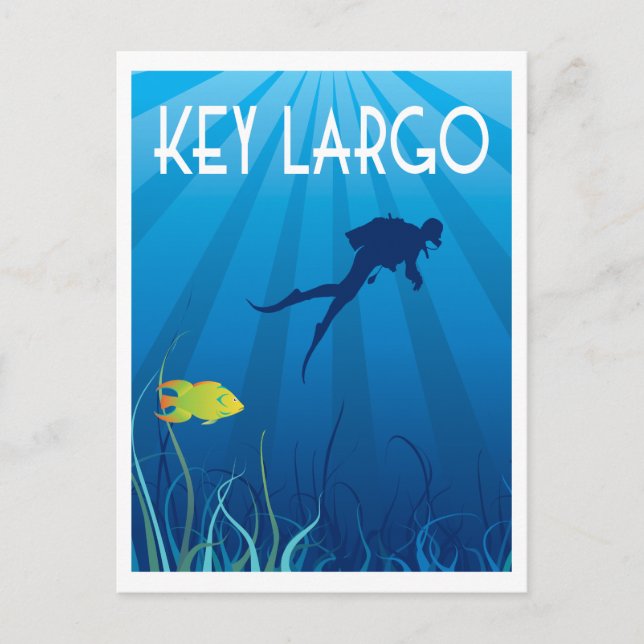 Postal Ilustracion de Largo Clave con Buceador y Pescado (Anverso)