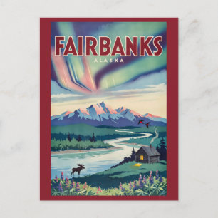 Postal Ilustración de las Luces del Norte de Fairbanks Al