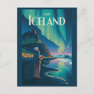 Postal Ilustración de las luces del norte de Islandia Art