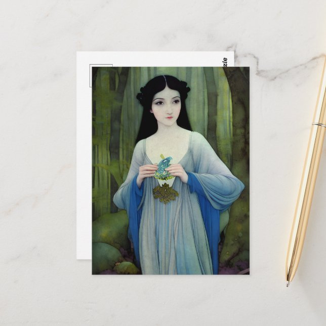 Postal Ilustracion de lavado de tinta de bella mujer en l (Anverso/Reverso In Situ)