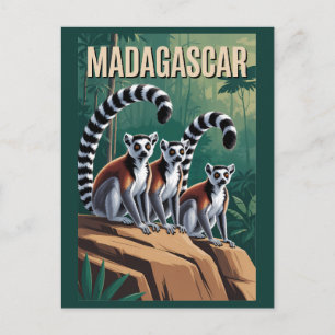 Postal Ilustración de lémures de Madagascar Arte de viaje
