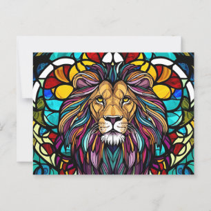 Postal Ilustracion de león de vidrio manchado