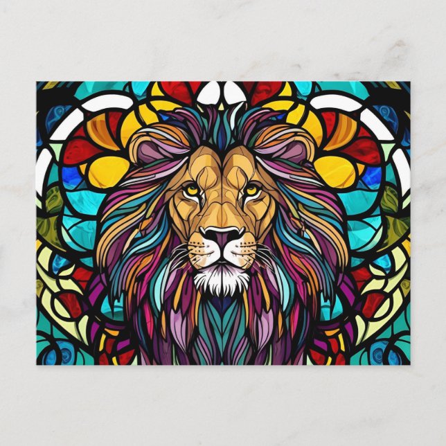 Postal Ilustracion de león de vidrio manchado (Anverso)