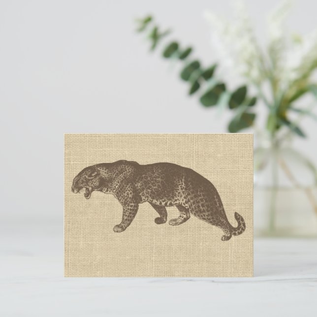 Postal Ilustracion de leopardo de época en Burlap (Anverso de pie)
