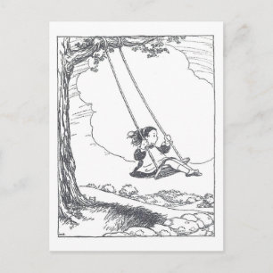 Postal Ilustración de libro antiguo de una niña columpián