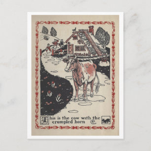 Postal Ilustración de libro antiguo Vaca con cuerno arrug