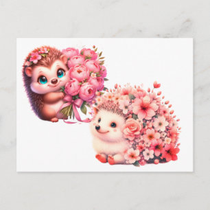 Postal Ilustración de lindo dúo de erizos florales románt