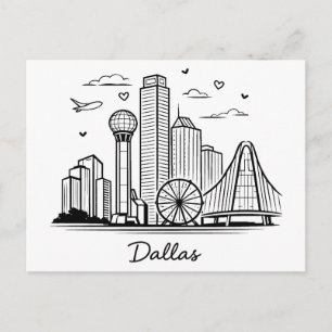 Postal Ilustración de línea negra de Dallas