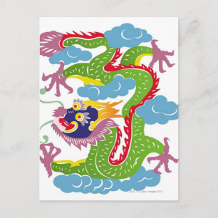 Postal Ilustracion de los dragones chinos volando
