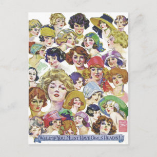 Postal Ilustracion de los rostros femeninos de la retro v