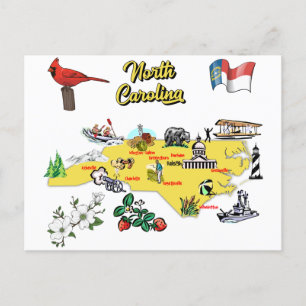 Postal Ilustracion de Mapa de Carolina del Norte