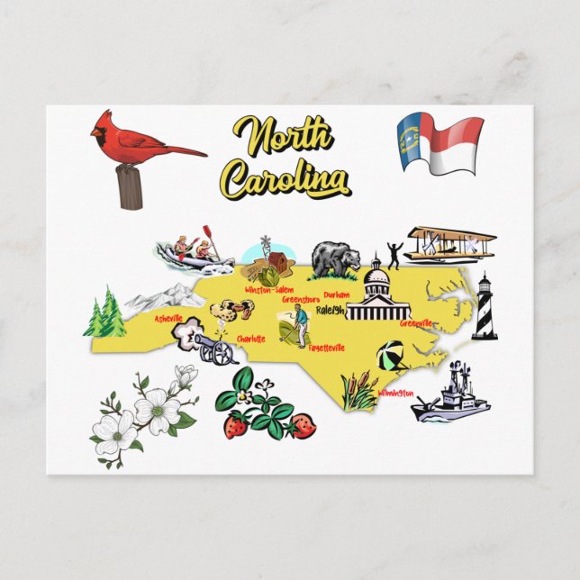 Postal Ilustracion de Mapa de Carolina del Norte (Anverso)