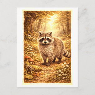Postal Ilustración de mapache al estilo vintage en bosque