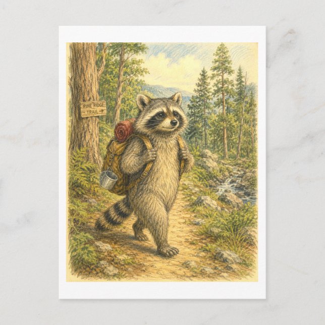Postal Ilustración de mapache haciendo senderismo (Anverso)