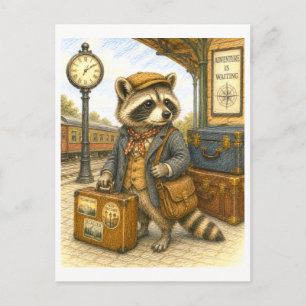 Postal Ilustración de Mapache Viajero