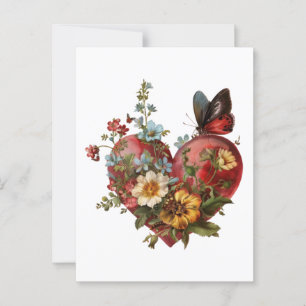 Postal Ilustracion de mariposa floral en forma de corazón