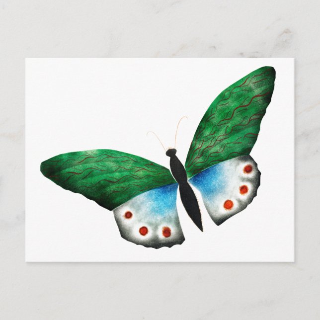 Postal Ilustracion de mariposa verde azul (Anverso)