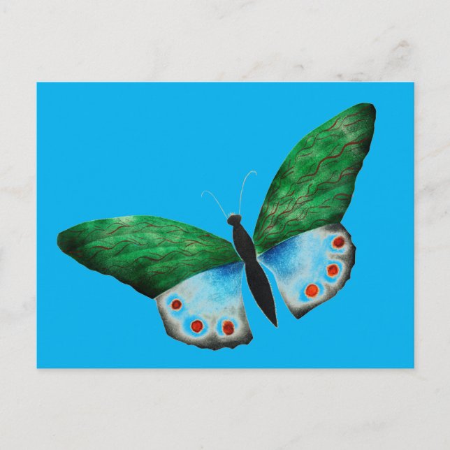Postal Ilustracion de mariposa verde azul (Anverso)
