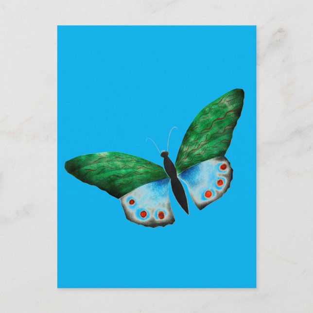 Postal Ilustracion de mariposa verde azul (Anverso)