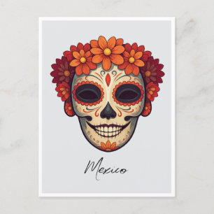 Postal Ilustracion de máscaras muertas en el Día de Méxic