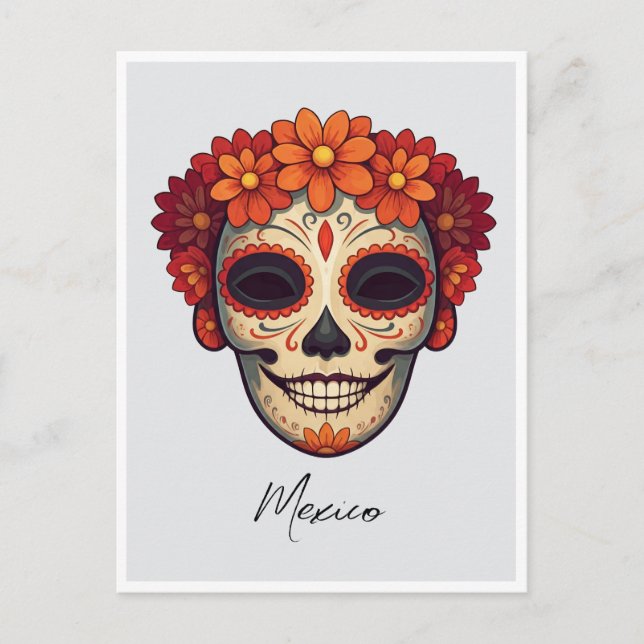 Postal Ilustracion de máscaras muertas en el Día de Méxic (Anverso)