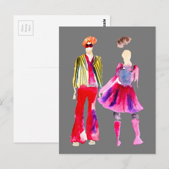Postal Ilustracion de moda acuarela boho (Anverso / Reverso)