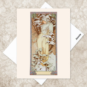 Postal Ilustracion de moda de invierno Alphonse Mucha