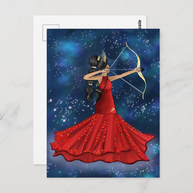 Postal Ilustracion de moda femenino de diosa sagittarius (Anverso / Reverso)