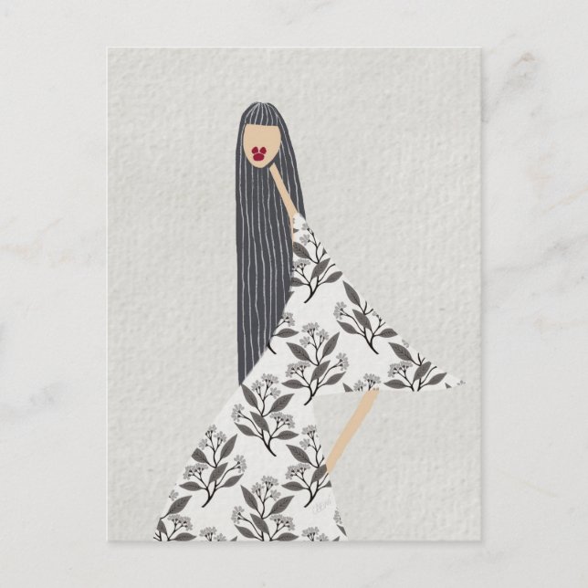 Postal Ilustracion de moda floral de lápiz labial rojo (Anverso)