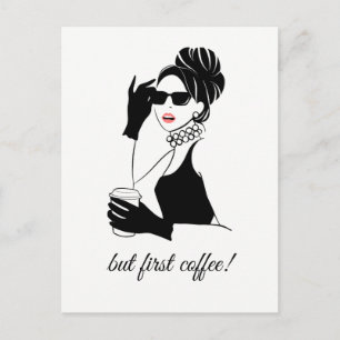 Postal Ilustración de moda mujer con café