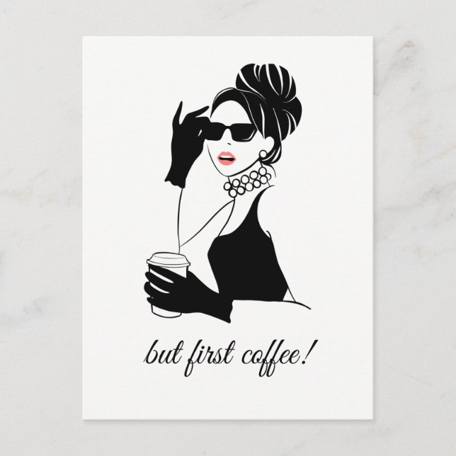 Postal Ilustración de moda mujer con café (Anverso)