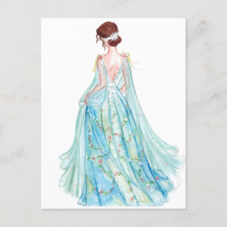 Postal Ilustracion de moda princesa azul acuarela