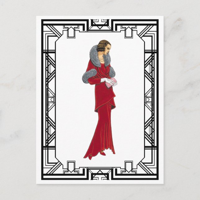 Postal Ilustracion de moda retro de la chuleta roja vinta (Anverso)