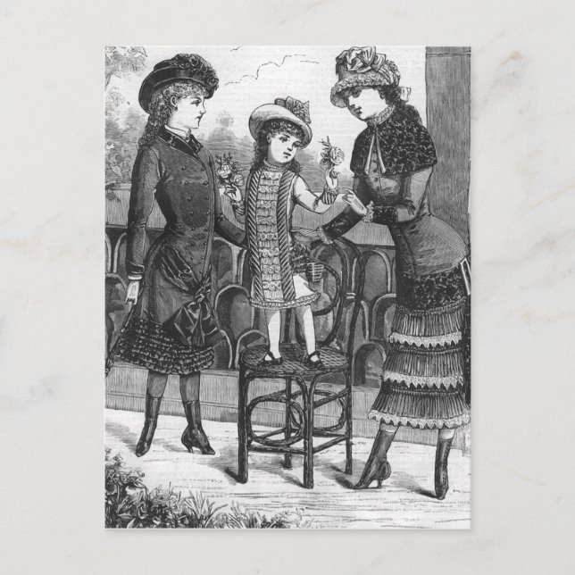 Postal ilustracion de moda "Tres niños victorianos" (Anverso)