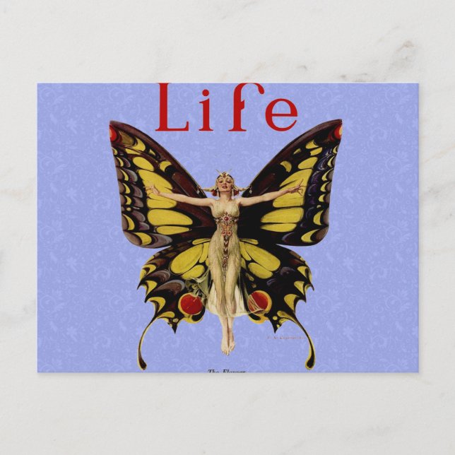 Postal Ilustración de Mujer Volando Mariposa Flapper (Anverso)