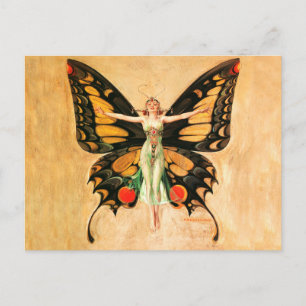 Postal Ilustración de Mujer Volando Mariposa Flapper