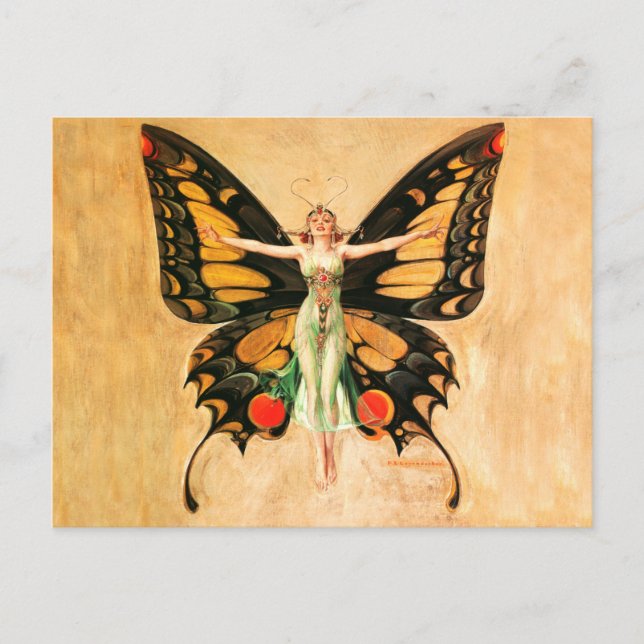 Postal Ilustración de Mujer Volando Mariposa Flapper (Anverso)