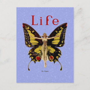 Postal Ilustración de Mujer Volando Mariposa Flapper