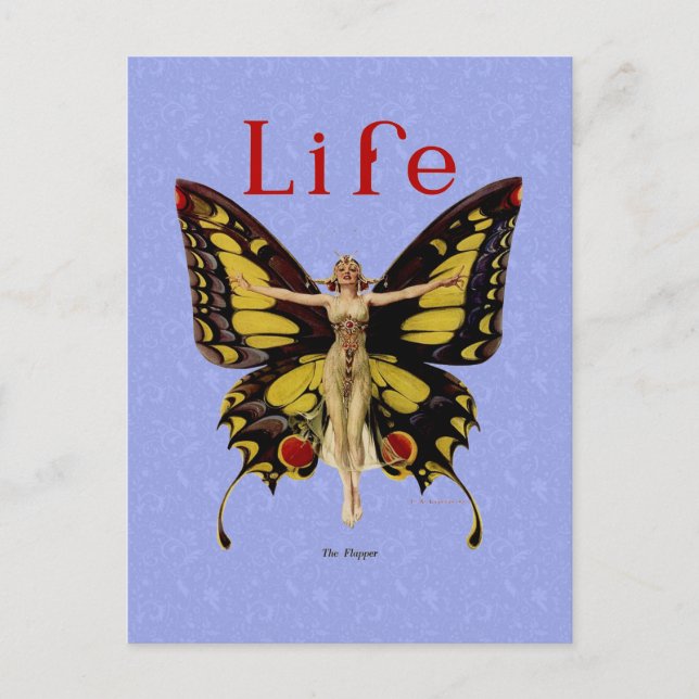 Postal Ilustración de Mujer Volando Mariposa Flapper (Anverso)