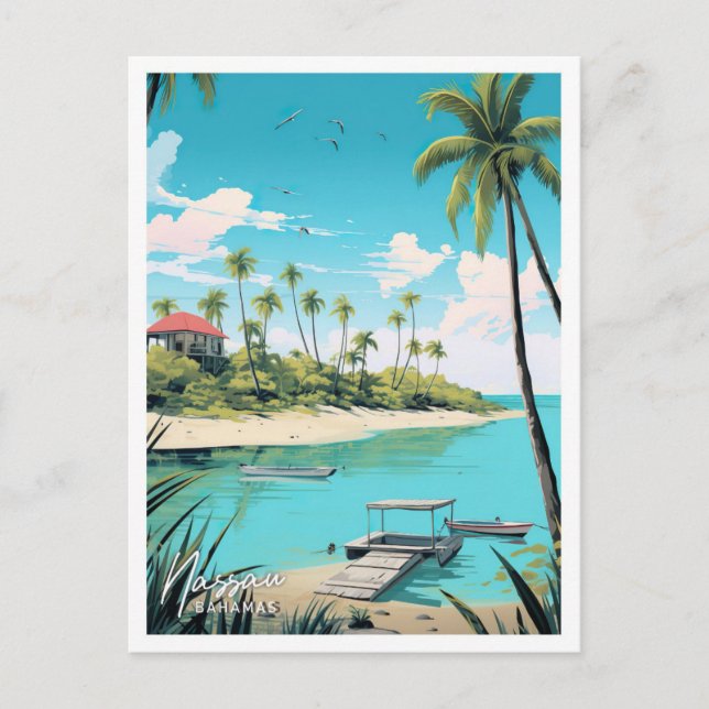 Postal Ilustracion de Nassau Bahamas Art Travel Place (Anverso)