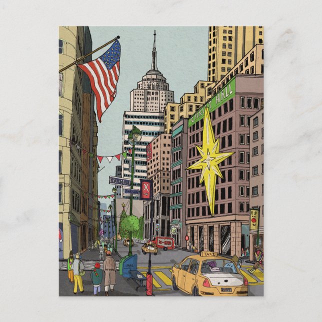 Postal Ilustracion de Navidades de Manhattan Winter New Y (Anverso)