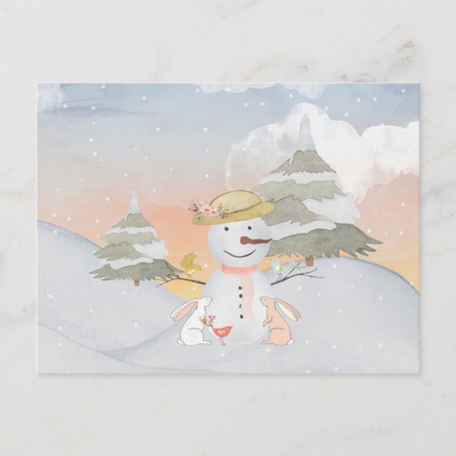 Postal Ilustracion de nieve animal de invierno Snowman (Anverso)