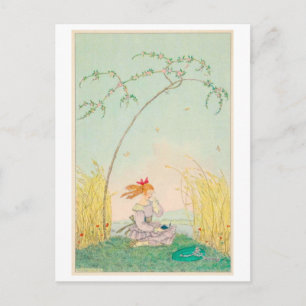 Postal Ilustración de niña vintage leyendo en prado