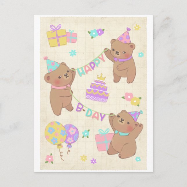 Postal Ilustración de ositos de peluche de cumpleaños fel (Anverso)