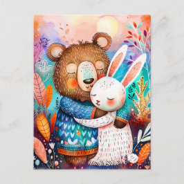 Postal Ilustracion de oso abrazando conejo en el bosque.