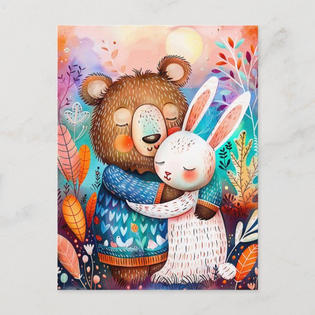 Postal Ilustracion de oso abrazando conejo en el bosque. (Anverso)
